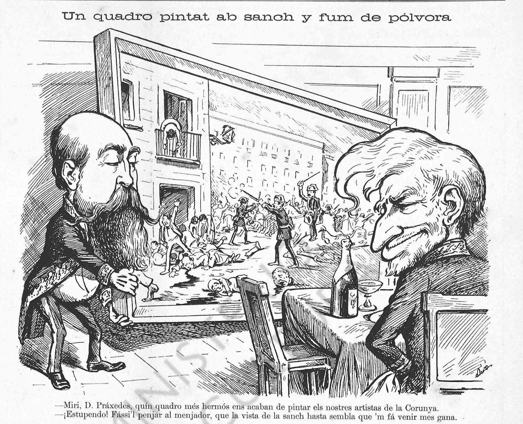 Viñeta en “La Campana de Gracia” sobre os sucesos de maio de 1901 na&nbsp;Coruña